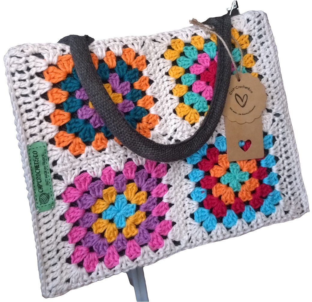 Sac jute, orné de carrés granny
