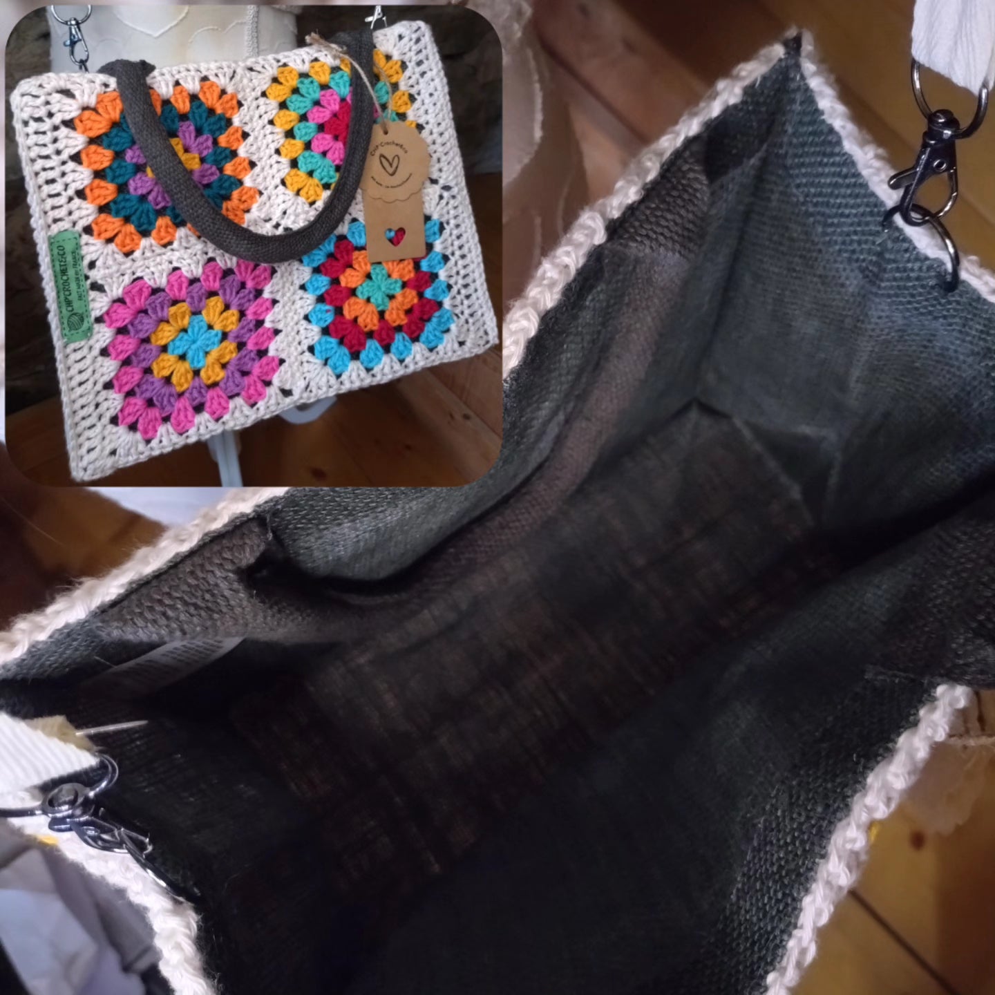 Sac jute, orné de carrés granny