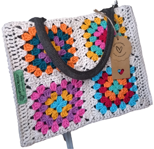 Sac jute, orné de carrés granny