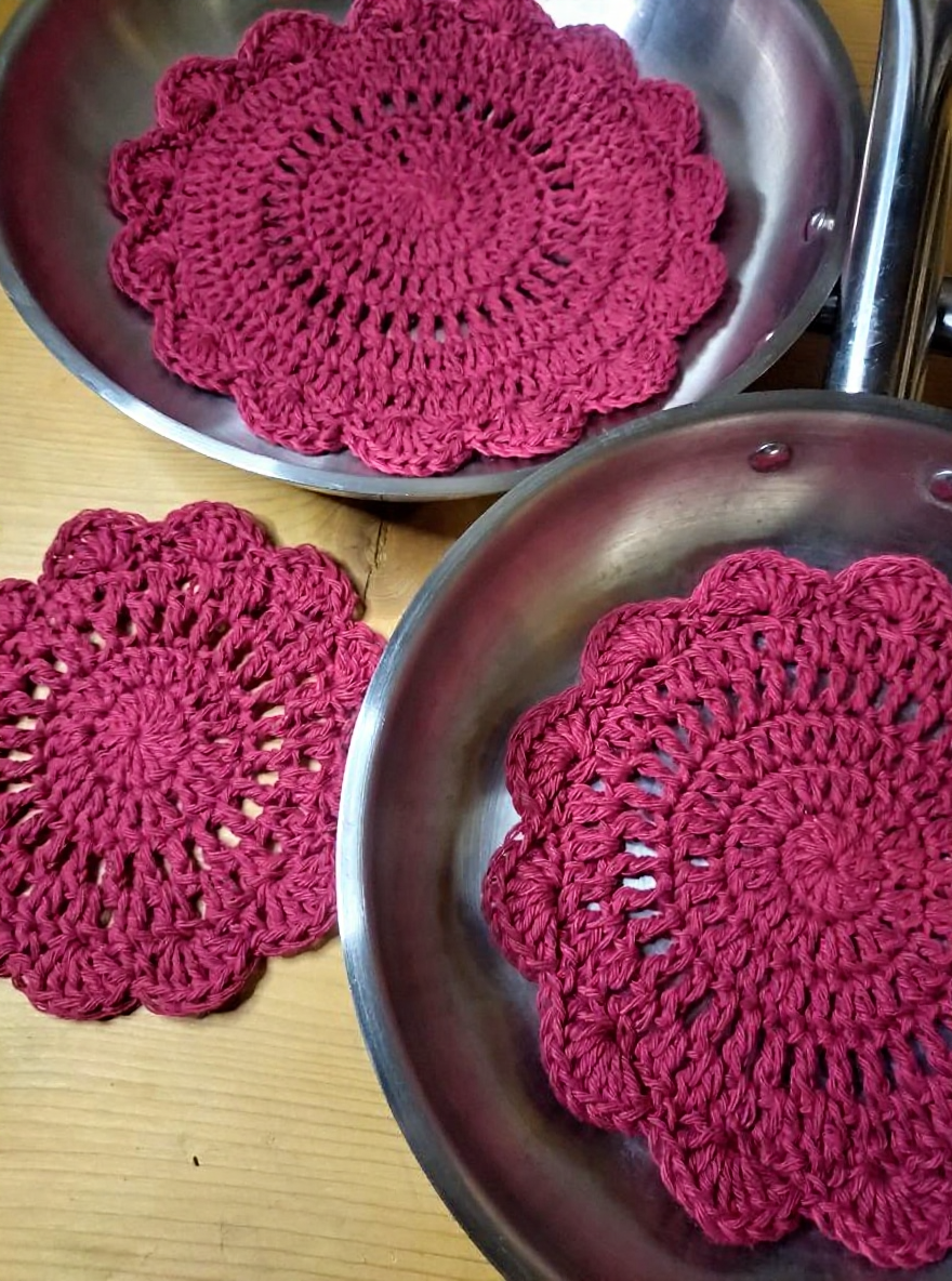 Lot de 3 protections pour poêles/casseroles au crochet en coton recyclé