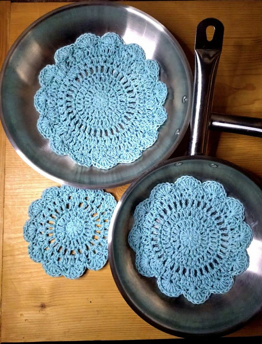 Lot de 3 protections pour poêles/casseroles au crochet en coton recyclé