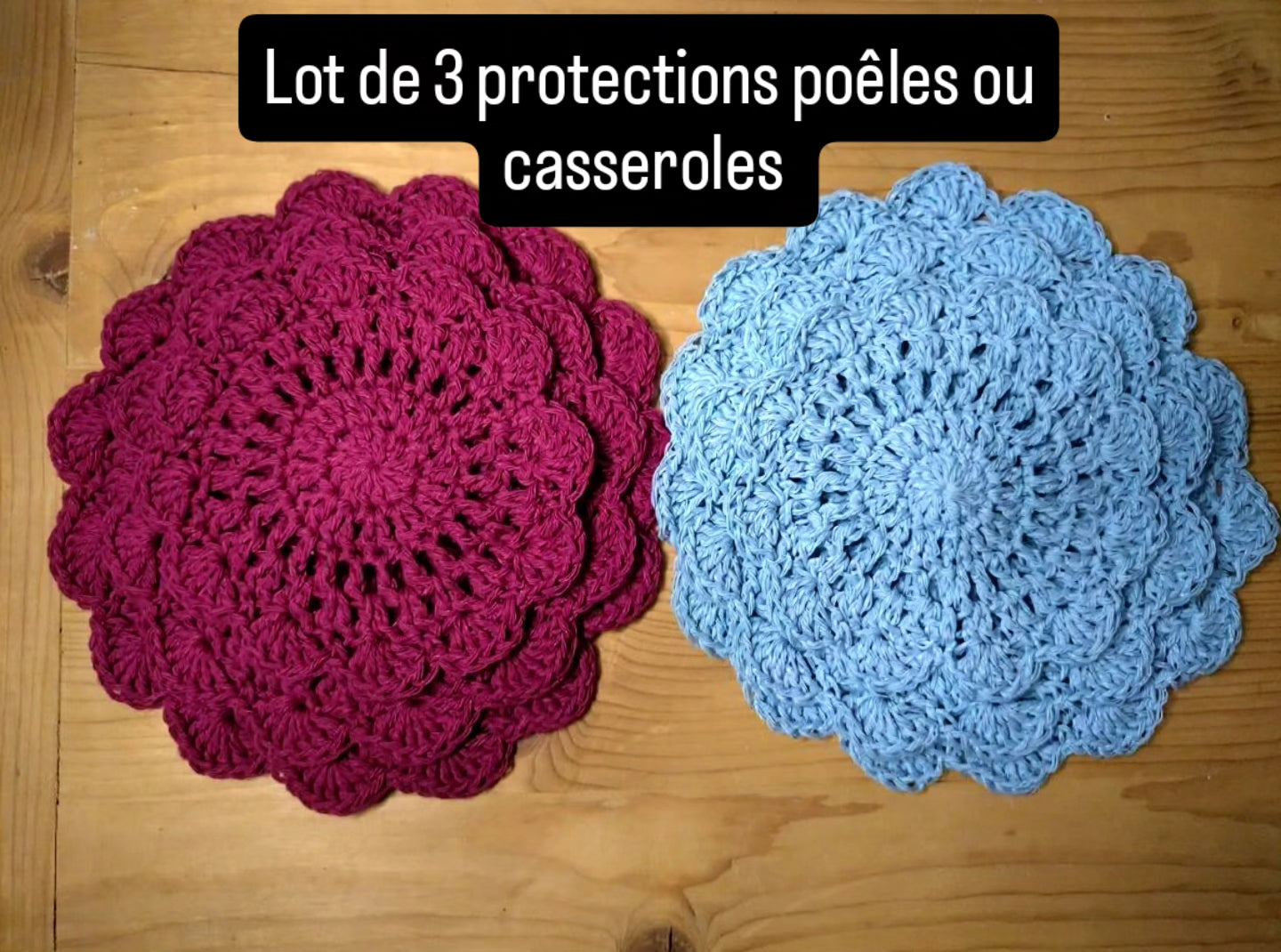 Lot de 3 protections pour poêles/casseroles au crochet en coton recyclé